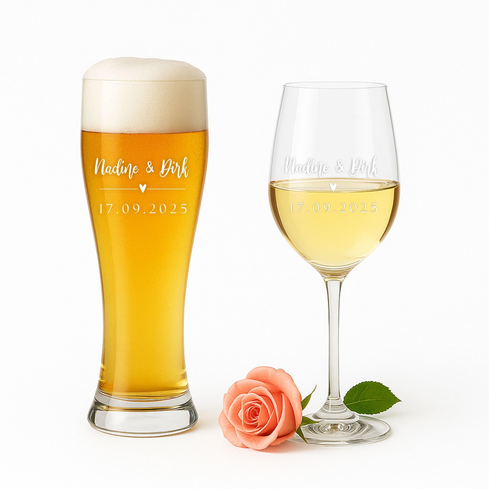 LEONARDO Weinglas & Bierglas mit Gravur – Personalisiertes Glas-Set für Paare – Hochzeitsgeschenk, Verlobung, Jahrestag, Namen & Datum – Geschenkidee für Braut & Bräutigam