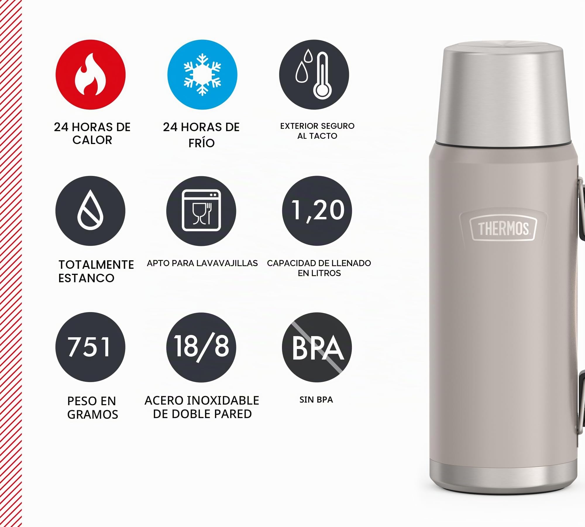 THERMOS ICON Botella Térmica 1,20 L, Beige/Sandstone Mate, Con Vaso y Asa, 24 H Caliente/Frío, Apto Para Lavavajillas, Hermético, Libre de BPA