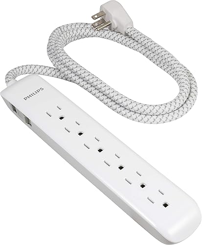 Miniatura 2 de Philips Regleta protectora de sobretensiones de 6 tomas, cable de alimentación de 6 pies, cable de extensión trenzado de diseño, enchufe plano,