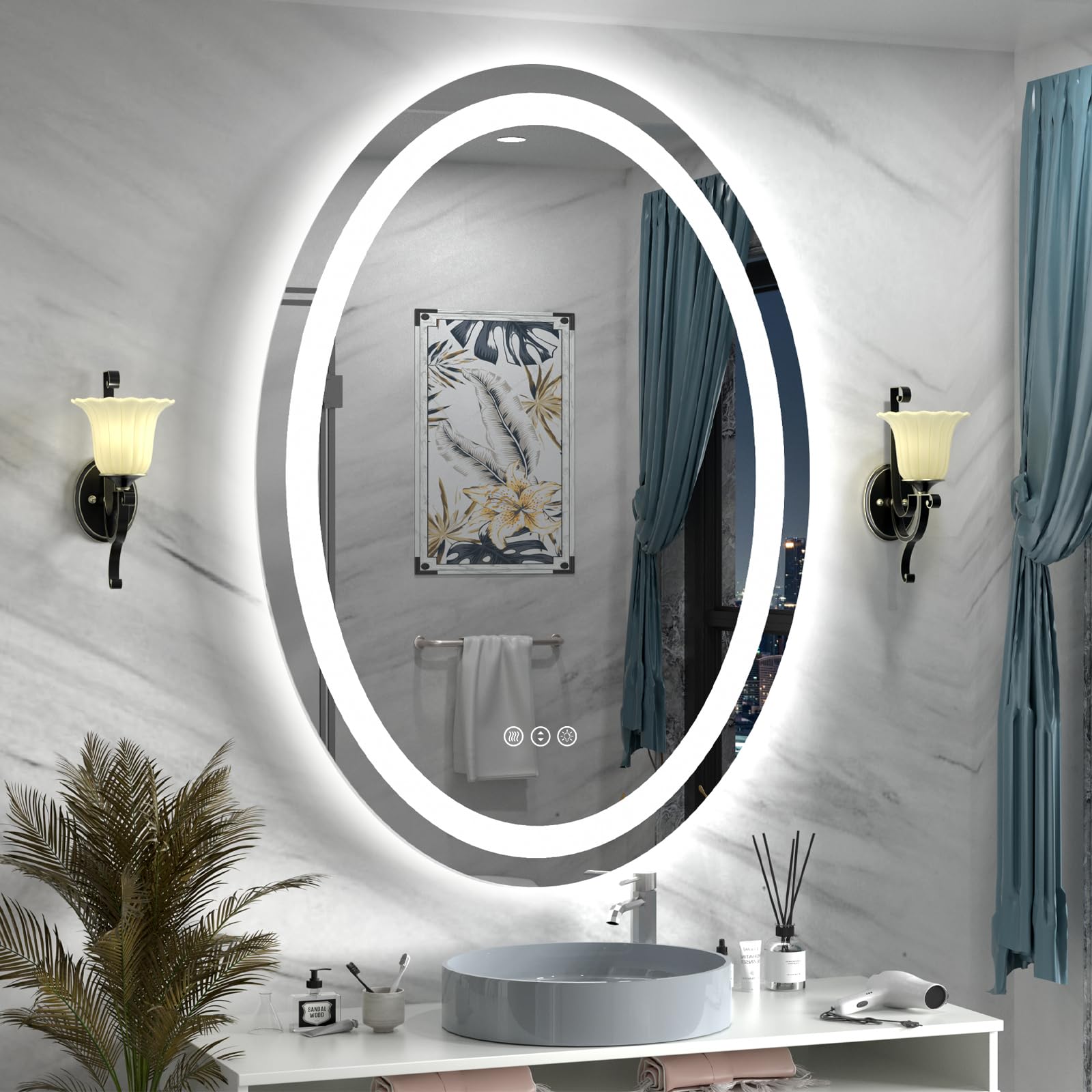 28x36 Oval LED Bathroom Mirror, Lighted Vanity Mirror for Wall, Anti-Fog, Shatter-Proof, Dimmable, Memory, 3 Colors (Front Lights + Backlit)