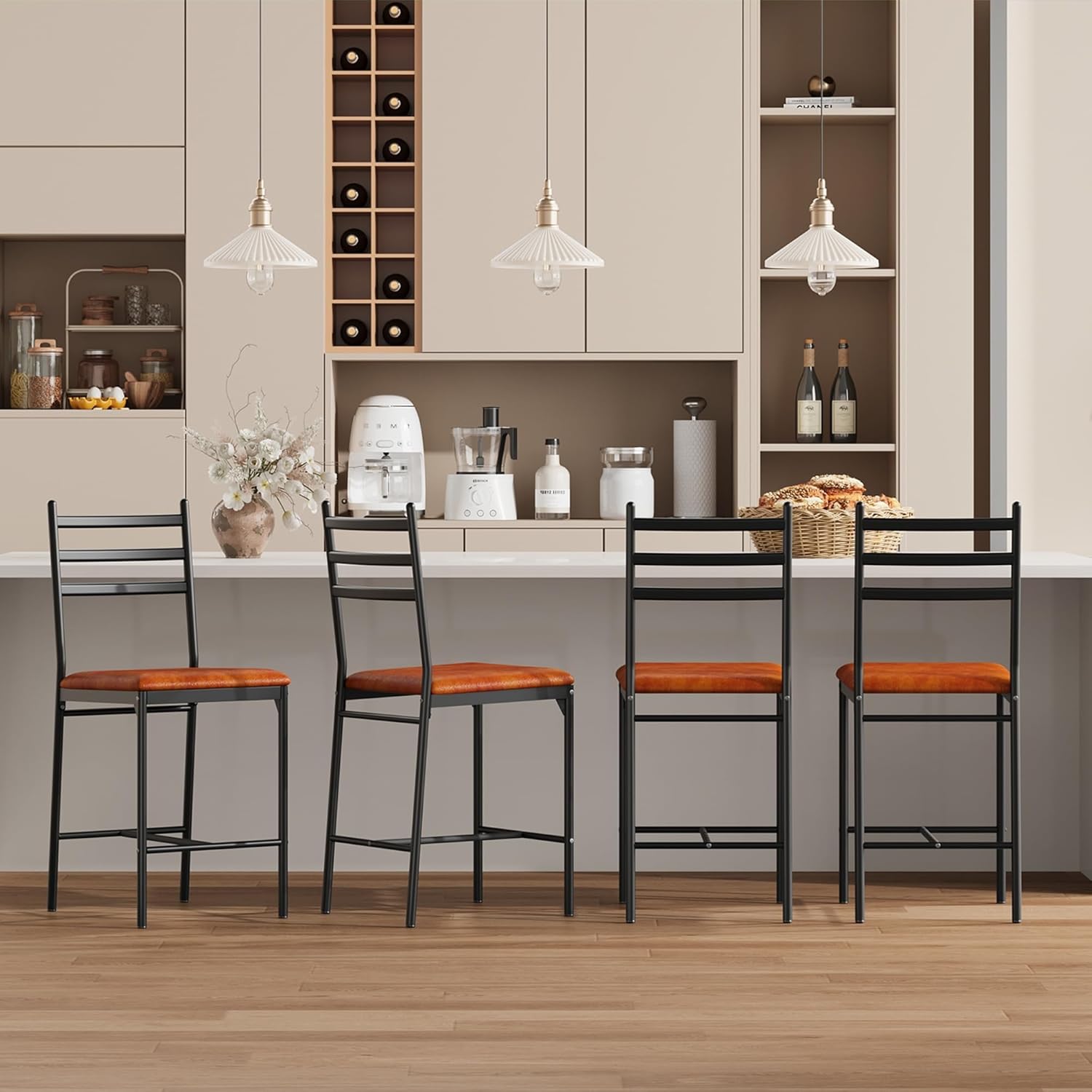 Set of 4 Counter Height Bar Stools with Back & Footrest, Modern Upholstered Metal Bar Chairs for Kitchen Island, Counter & Home Bar（Brown）