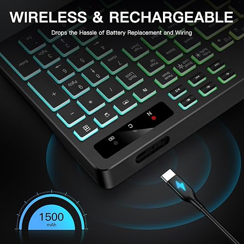 Miniatura 6 de Teclado inalámbrico con 7 colores y 4 modos de retroiluminación RGB, teclado ergonómico con reposamuñecas, soporte para tableta de teléfono, teclado