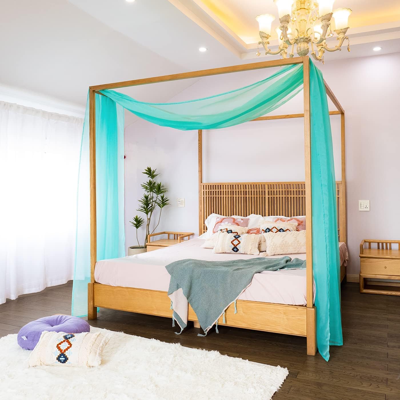 Novacentix Turquoise Bed Canopy Curtains Queen Full Bed Sheer Valance Curtain Over Bed Canopy Curtains 52" X 228" / 52 X 228In(1 Piece)