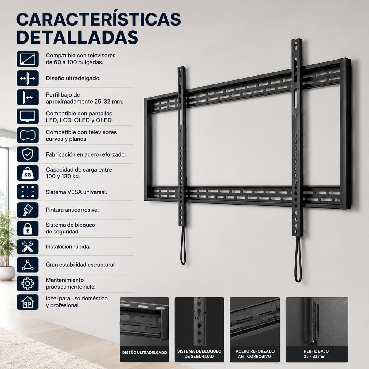 CABLEPELADO - Soporte TV Fijo de Pared 60-100” | Ultra Delgado | Acero Resistente 130 kg | VESA 900x600mm | Compatible con Pantallas Curvas | Negro