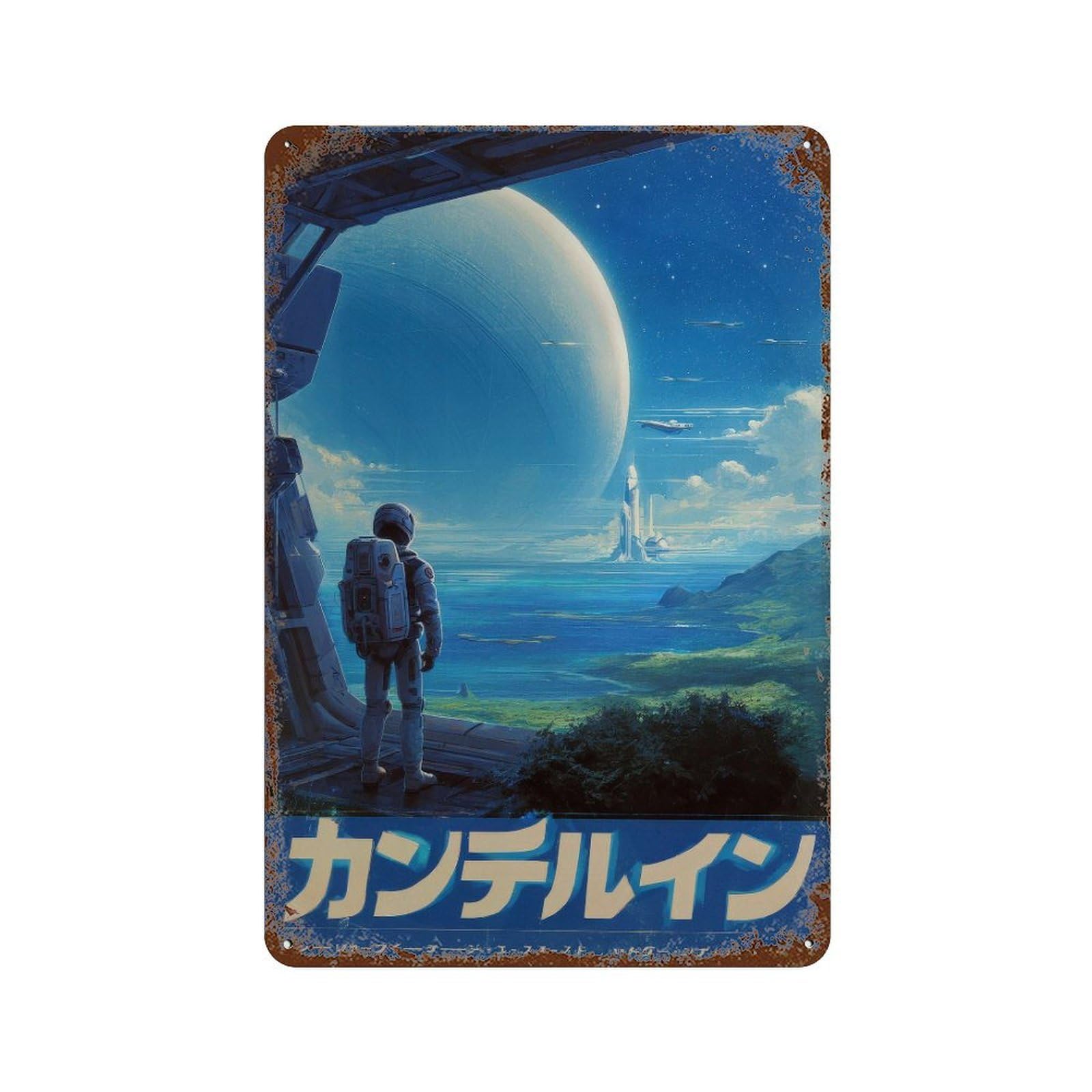 xiaoxiaoshen Astronaut Landscape. Retro Futurism Japanese Sci Wall Decor Art Metal Tin Poster Modern Home Decor Art Home Bar Shop Decorations Vintage Sign 30x20cm