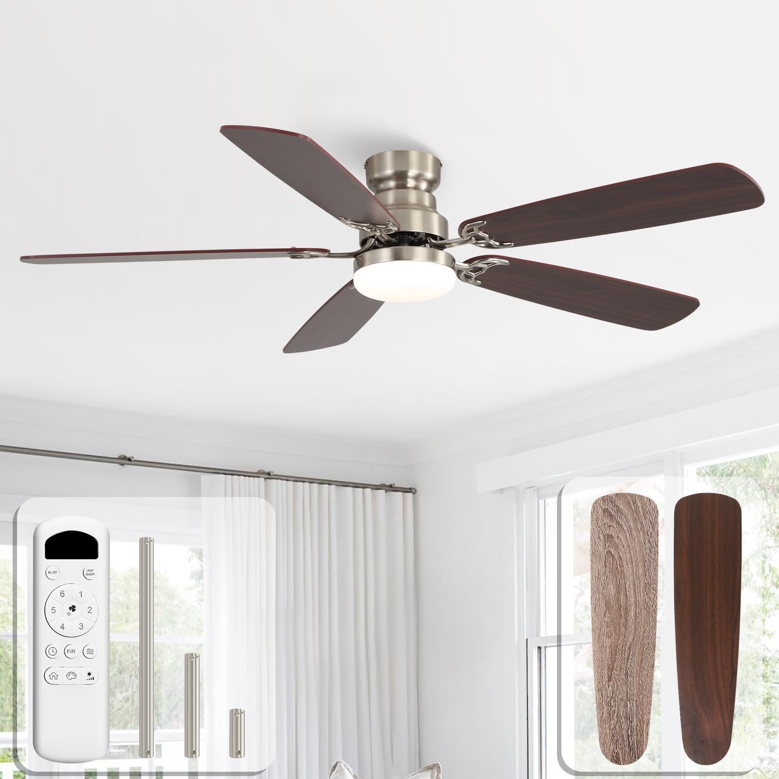 Sofucor 132 cm Ceiling Fan with Light, 6 Speeds, Control, Timer, DC Motor, LED Silent Ceiling Fan with Lamp for Bedroom Living Room