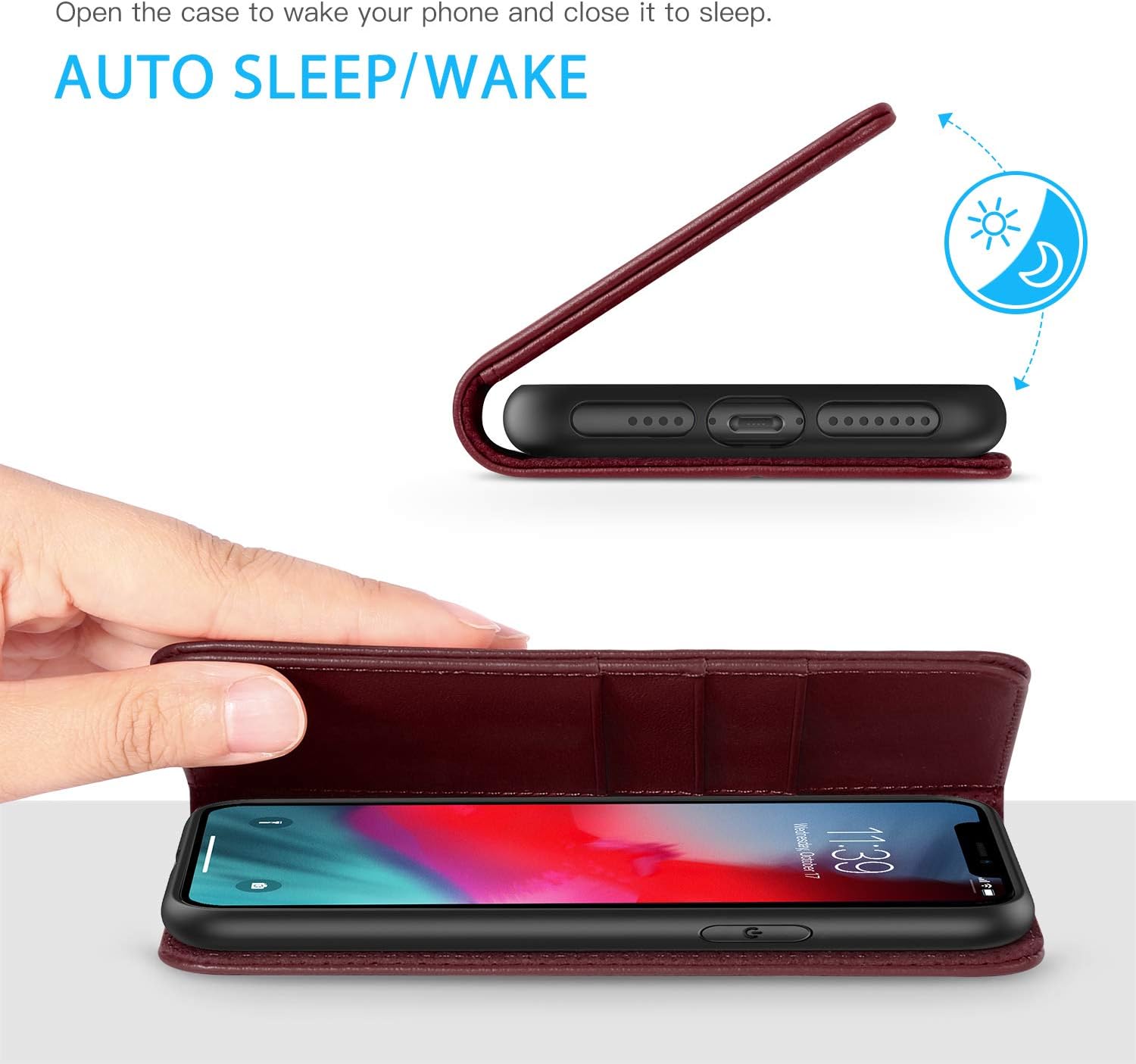 Flash Sale SHIELDON iPhone Xs Max Case, Genuine Leather iPhone Xs Max Wallet Case Auto Sleep Wake Folio Cover Stand Feature with Credit Card Slots Protection Case Compatible with iPhone Xs Max - Wine Red