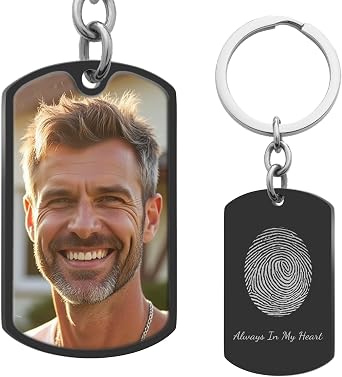 Personalized Color Photo Custom Oval Fingerprint Text Engraved Picture Dog Tag Pendant Key Chain Gift for Women Men