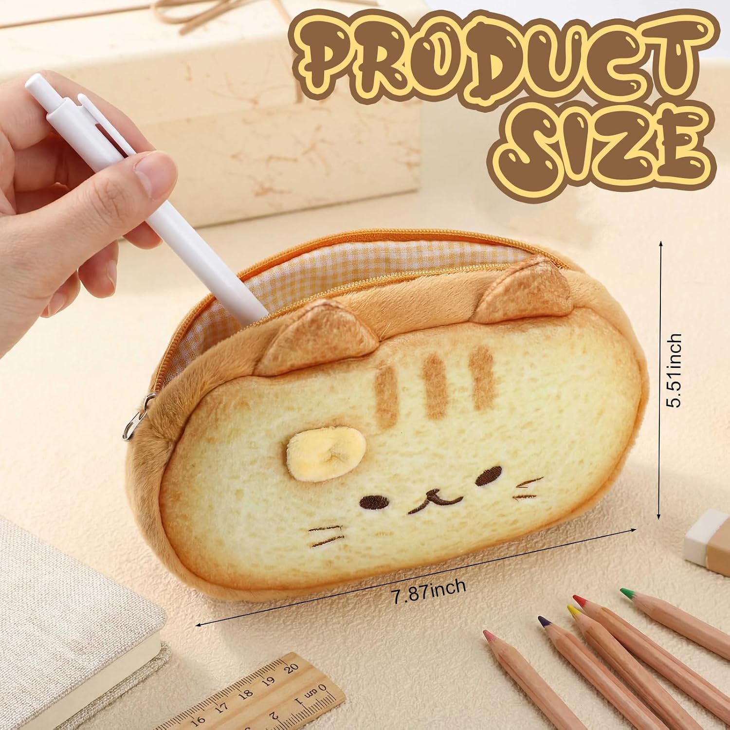 Mifoci 2 Pcs Cute Bread Toast Cat Pencil Case 7.8'' x 5.5'' Soft Plush Pencil Box with Zipper Makeup Bag Office Storage Holder for Adults Cosmetic Pen Storage
