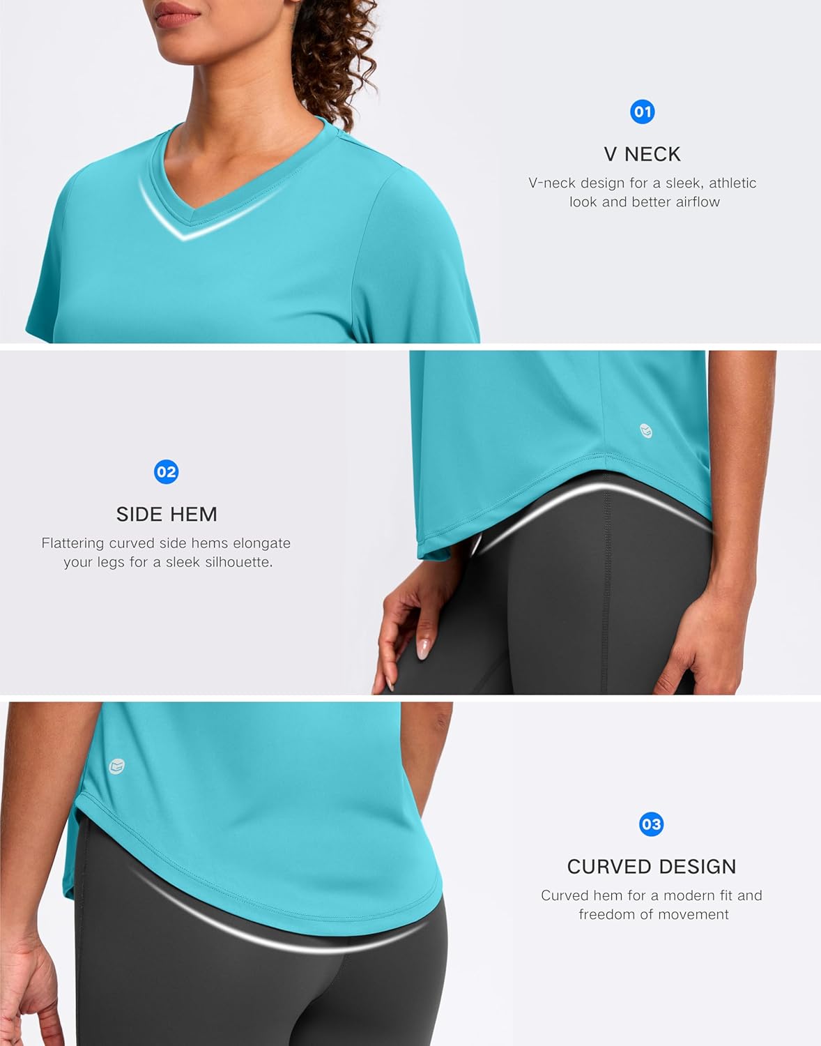 Womens Workout Tops V-Neck Short Sleeve UPF 50+ Sun Shirt Moisture Wicking Quick Dry Top for Gym, Running, Athletic - Image 4