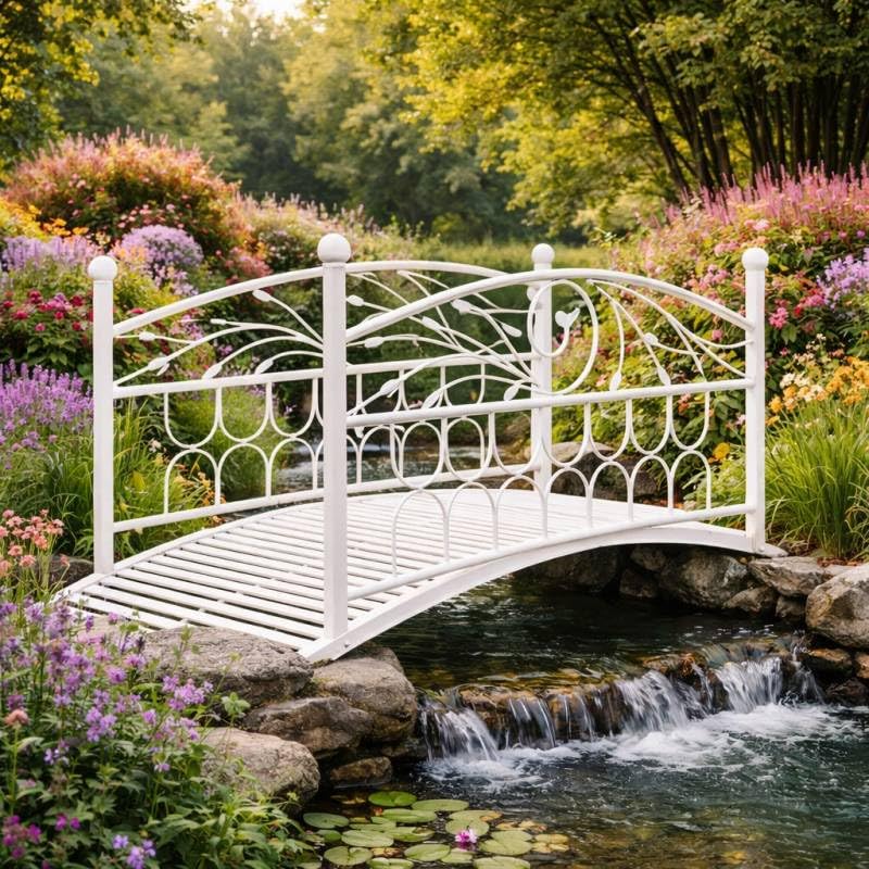 L'Héritier Du Temps Passerelle de Jardin en Acier Patiné Blanc Fonctionnelle Pont extérieur de Jardin pour Ruisseau 85x92x185cm