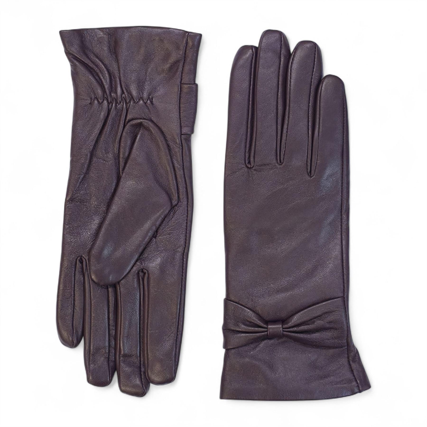 Infinity Leather Women's Purple Leather Wool Lined Bow Knot Accent Gloves - Large