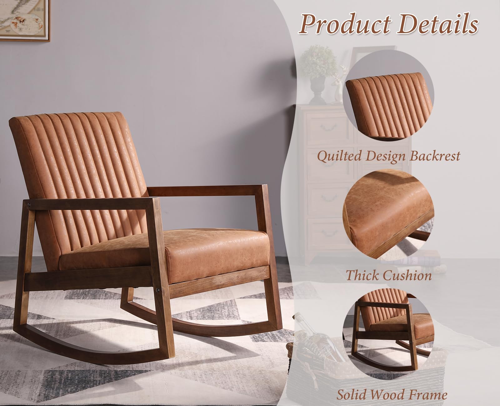 chairus Poltrona a Dondolo Sedia a Dondolo in Ecopelle Poltroncina con Gambe in Legno Massiccio Poltrona Imbottita per Soggiorno/Camera da Letto, Marrone