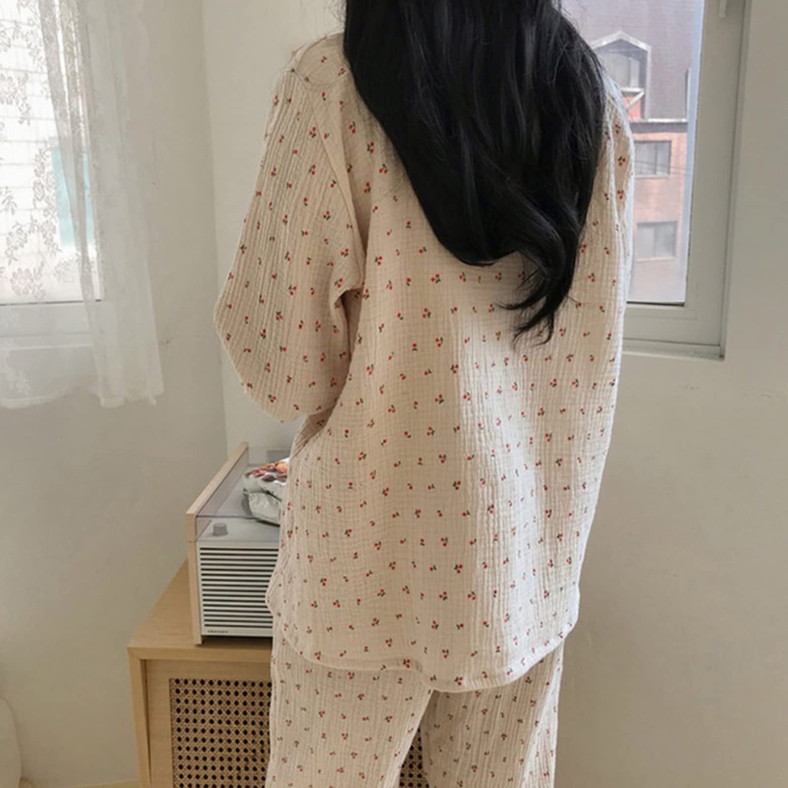 Pigiama Donna Set di Abbigliamento da Sonno in Lino di Cotone Dolce Simpatica Carina Ciliegia Pigiama Vintage Kawaii Tascabile Tascabile Camicia da Casa+Bottone Pantaloni
