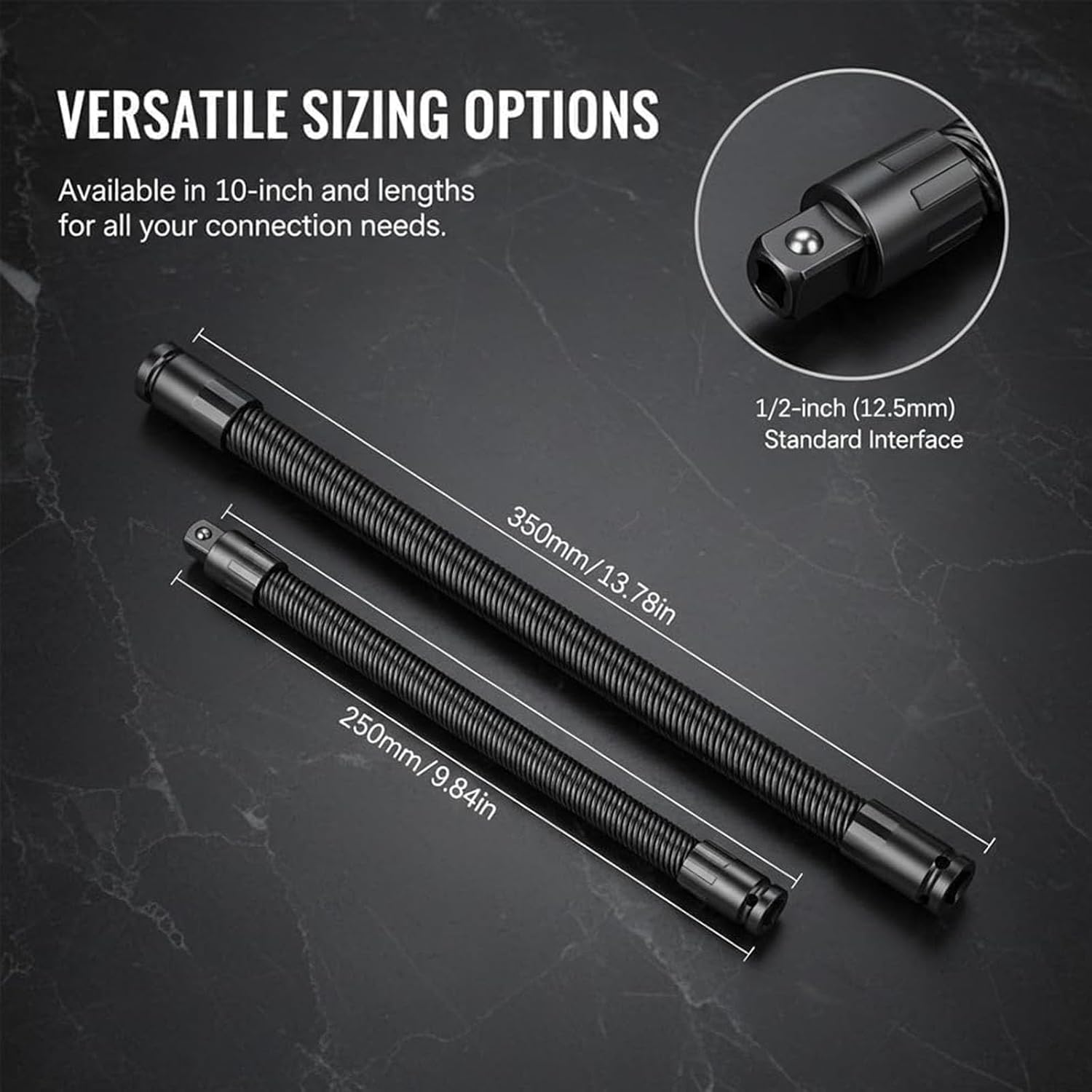 1/2 Flexible Shaft Extension Extender Torque Socket, Ratchet Spanners Electric Wrench Connecting Rod, Multi-purpose Spring Steel Shaft Extender for Ratchets & Electric Wrenches (250mm+350mm)