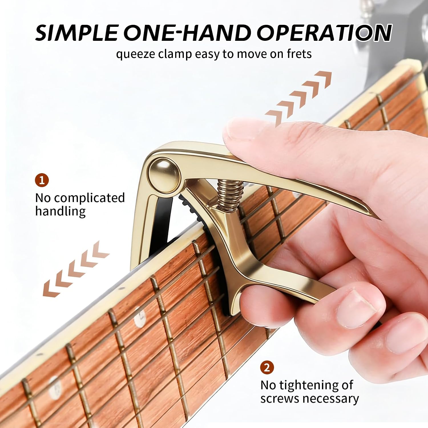 Guitar Capo, 3-in-1 Zinc Alloy Capo with String Pin Puller & 2 Picks, Quick-Change One-Handed Capo for Acoustic Electric Guitar, Ukulele, Banjo, Mandolin & Bass (golden, 1 Picks)