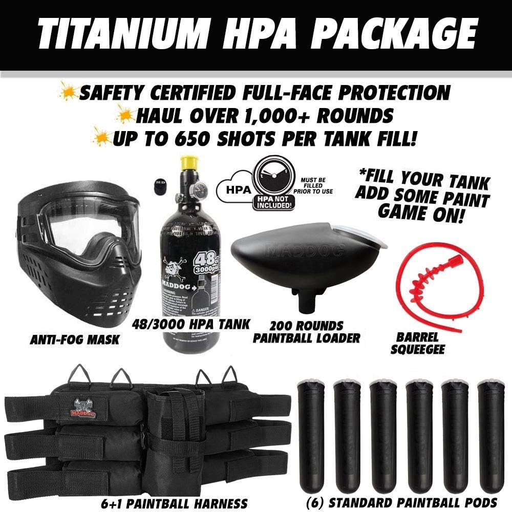 Maddog JT Stealth Paintball Gun Marker and Accessory Starter Packages [HPA] | Marker, 48ci/3000psi Compressed Air Tank, Mask, Hopper, Pods, Harness & Protective Gear Options
