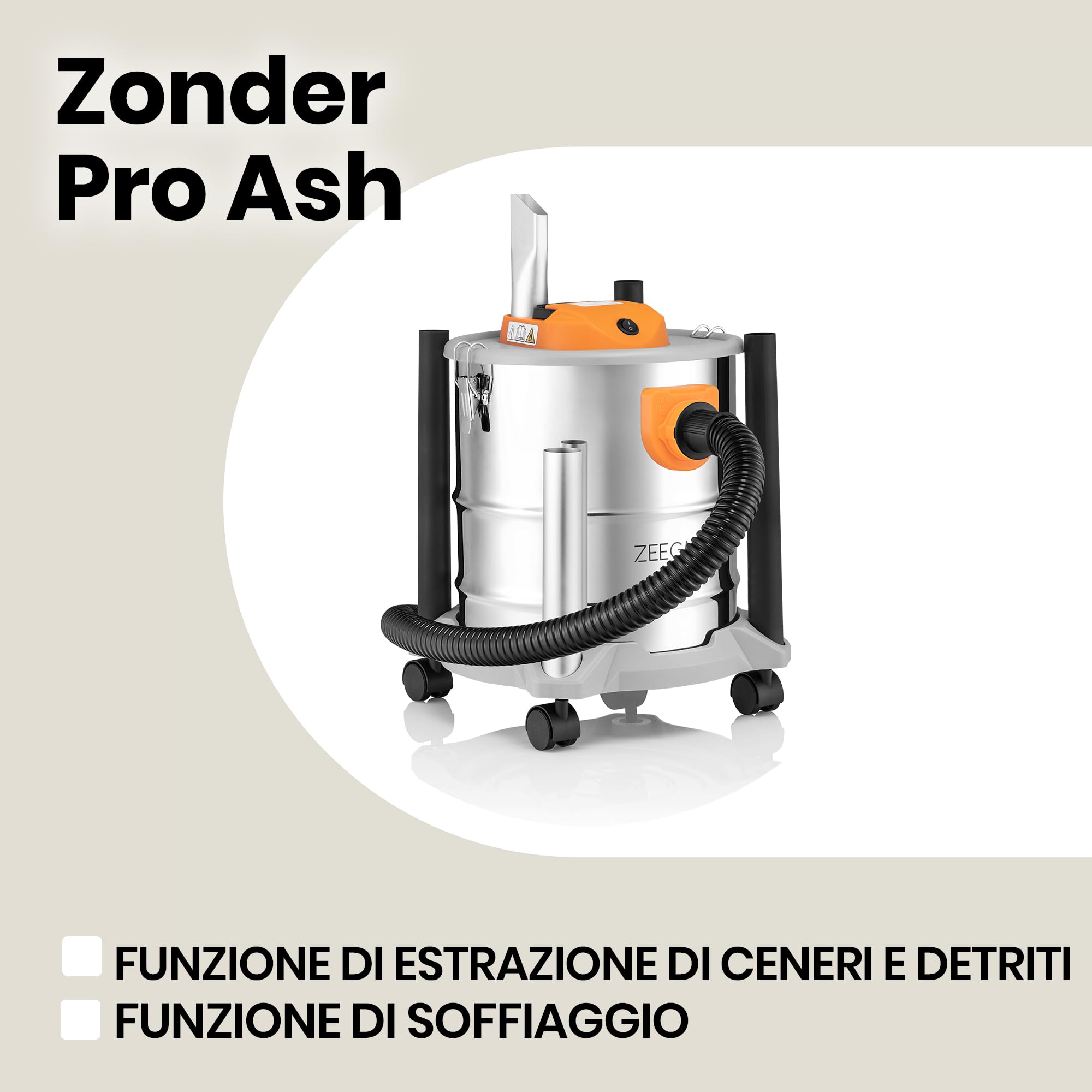 Zeegma ZONDER PRO ASH Aspirapolvere a secco per cenere e detriti, aspirapolvere industriale 1600 W, contenitore in acciaio inox 20 l, filtro HEPA, funzione di scarico cavo 5 m