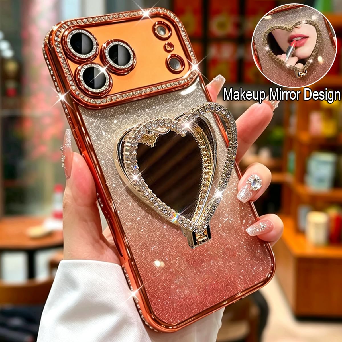 Funda con soporte de espejo brillante para iPhone 17 Pro Max, bonito diamante de imitación con corazón de amor, soporte de espejo de maquillaje y protector de cámara, funda femenina para