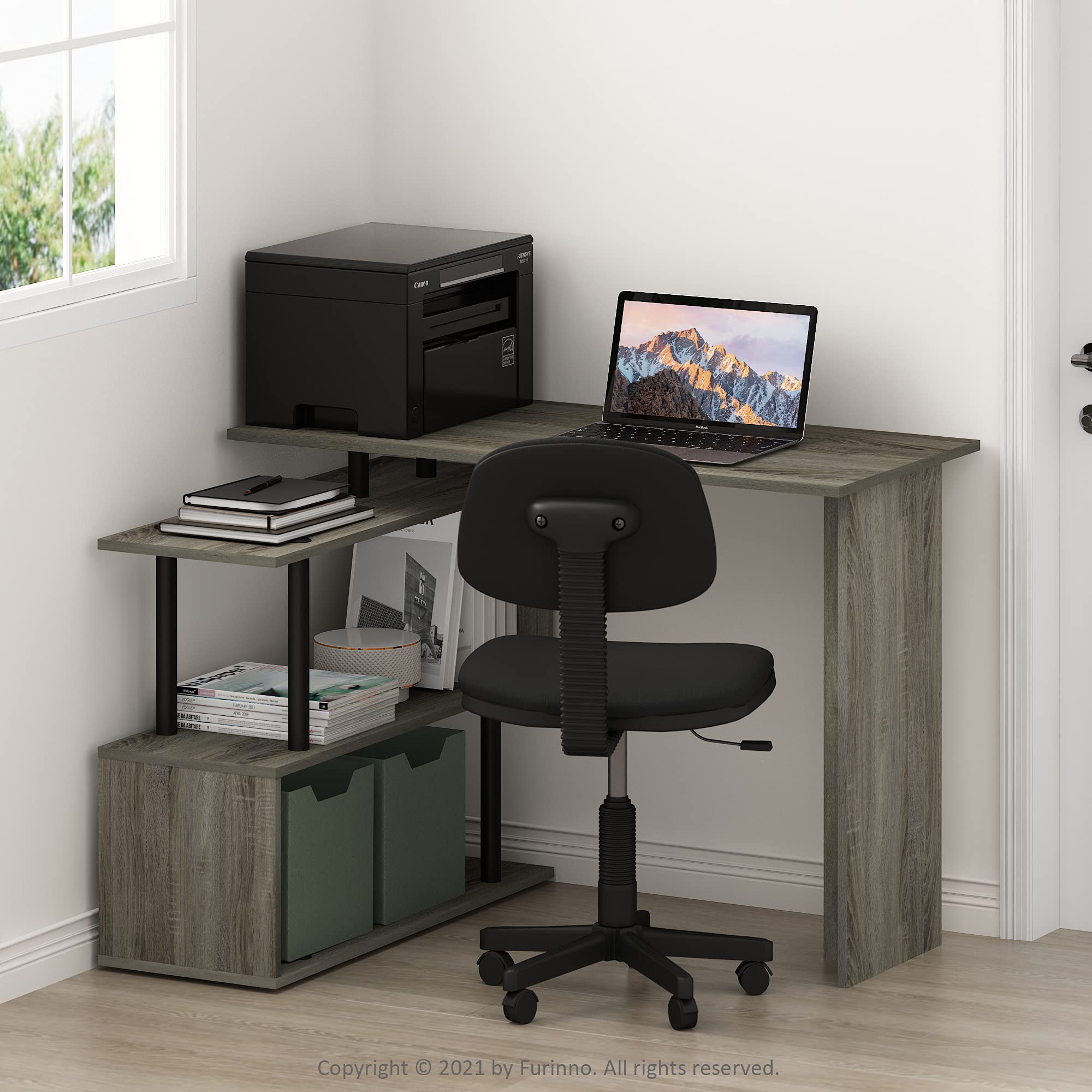 Furinno Komputer w kształcie litery L, biurko, do nauki, drewno inżynieryjne, dąb francuski/czarny, 100,1 (szer.) x 72,4 (wys.) x 80 (gł.) cm