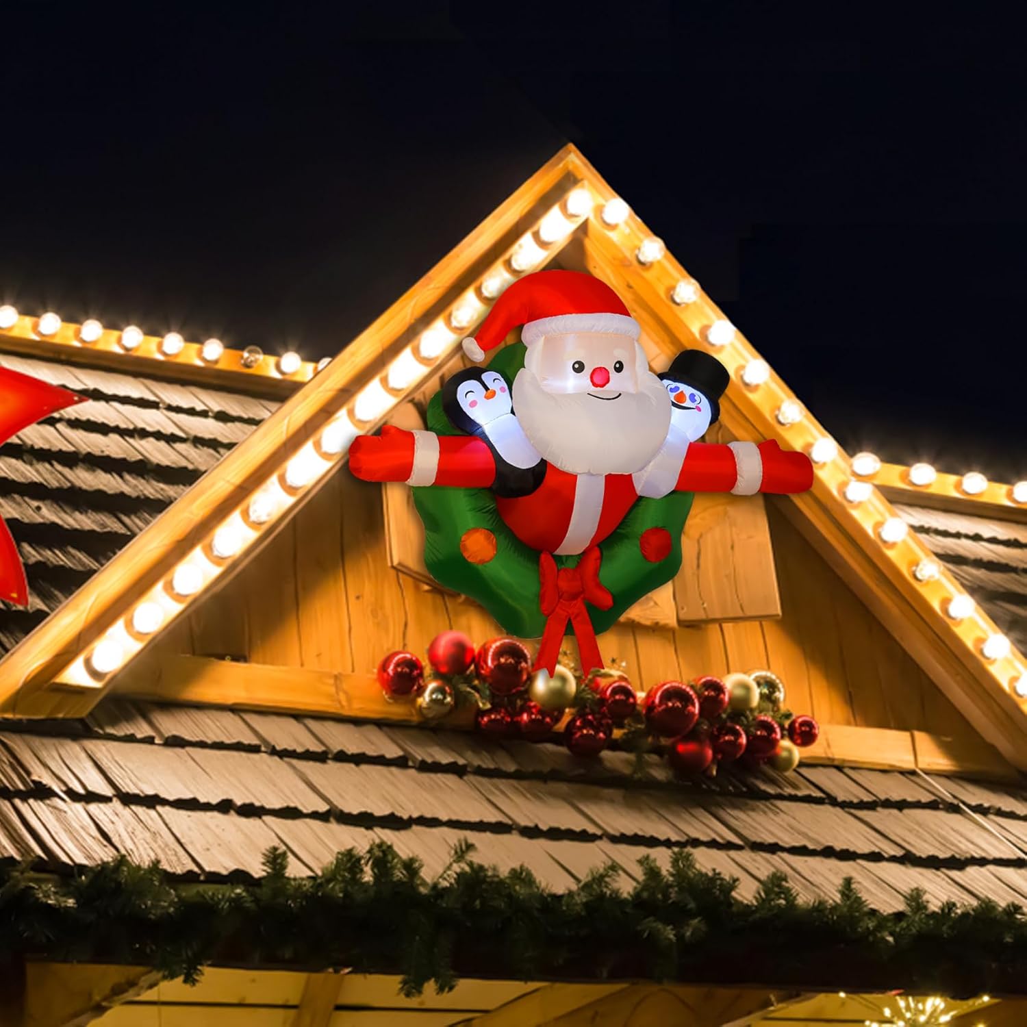 5FT Christmas Inflatables Festive Wreath with Santa Penguin Snowman Outdoor Window Decorations Christmas Blow ups Hanging Santa with Built-in LEDs for Xmas Party Garden Indoor Decor