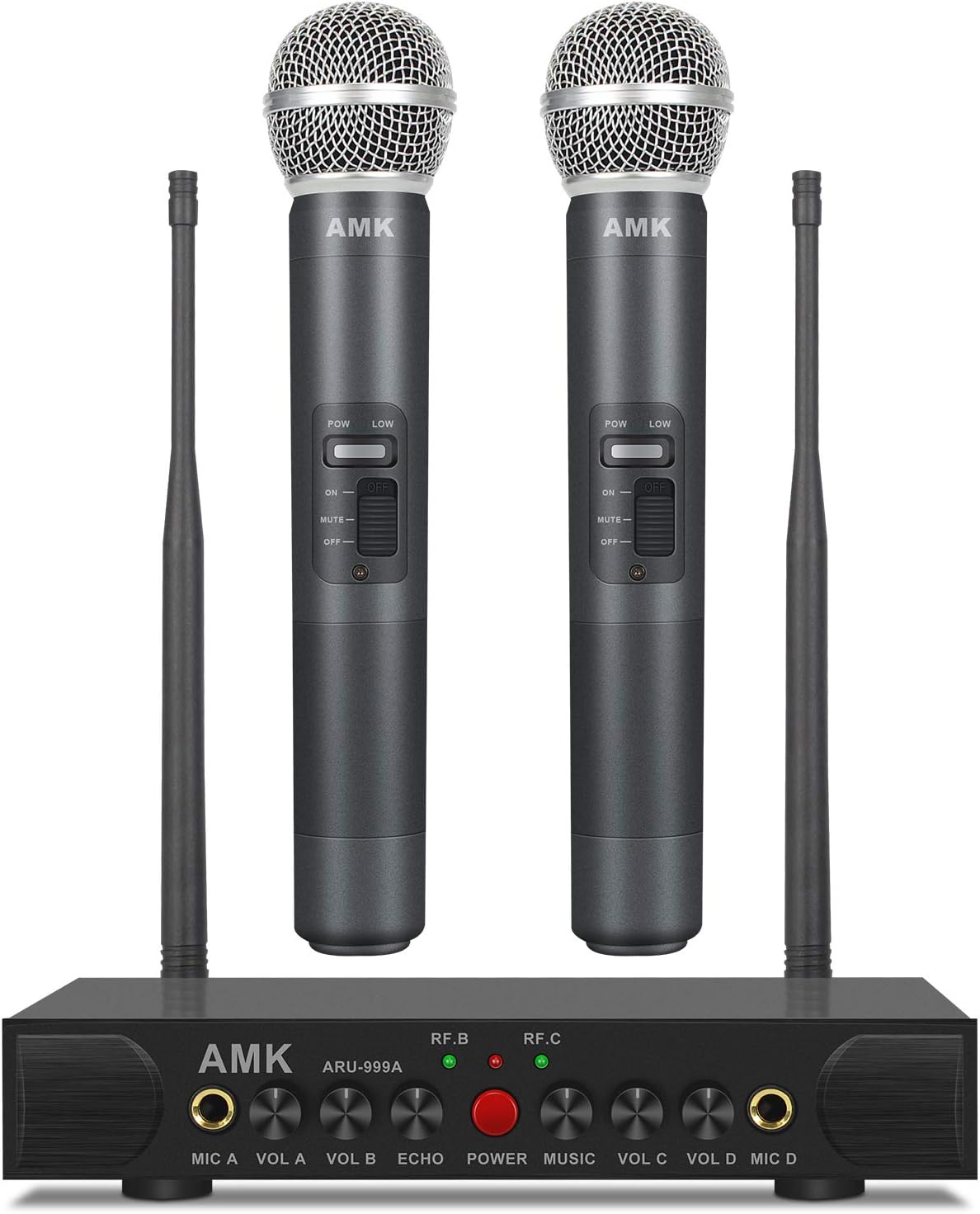 AMK Wireless Microphone System with Echo, UHF Dual Wireless Mics Receiver with 1/4’’ Input Jacks for Two More Wired Mics, All Metal, Easy Setup, Echo Control, for Karaoke, Wedding, Church(ARU-999A)