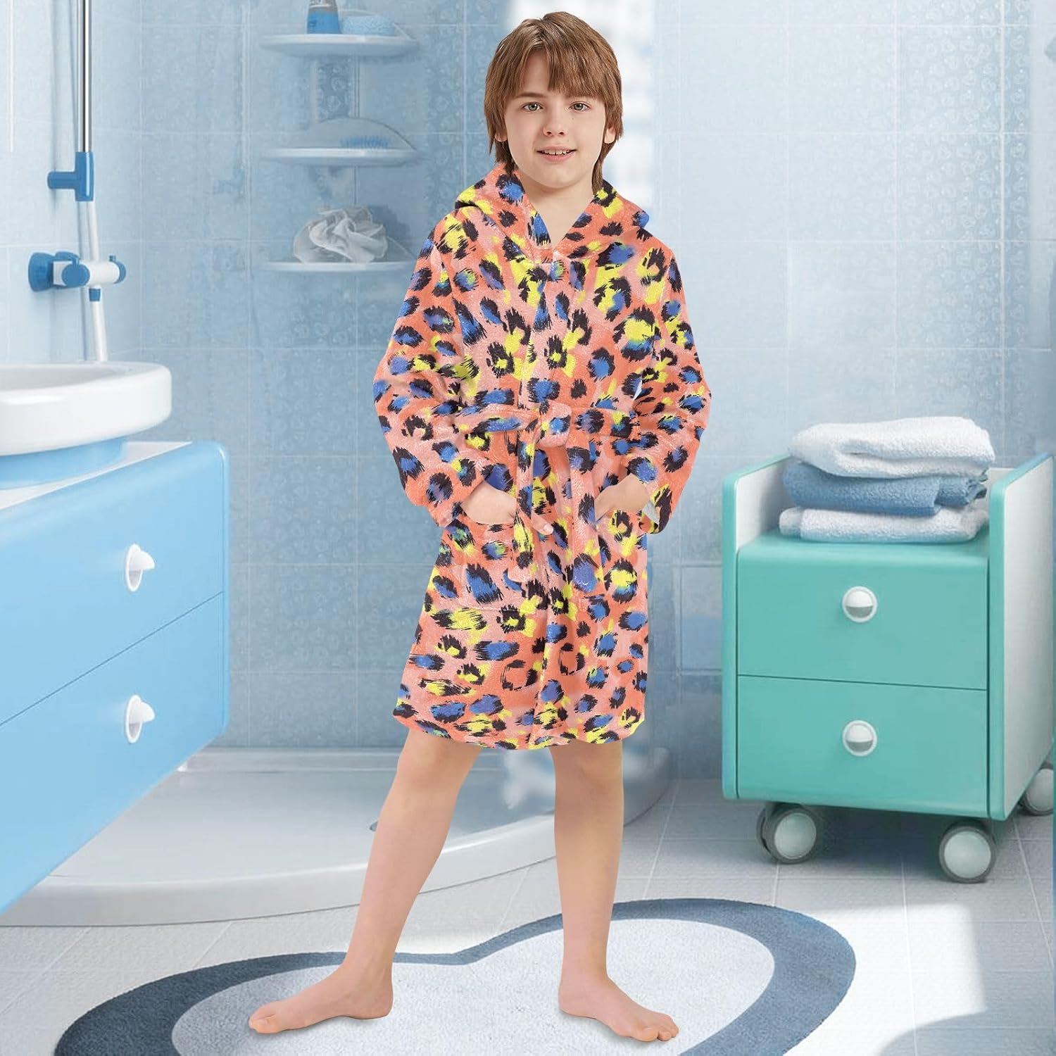 Orange Leopard Print Pattern Toddler Hooded Bathrobe for Boys Girls Soft Plush Bath Towel Robe 2-12 Years