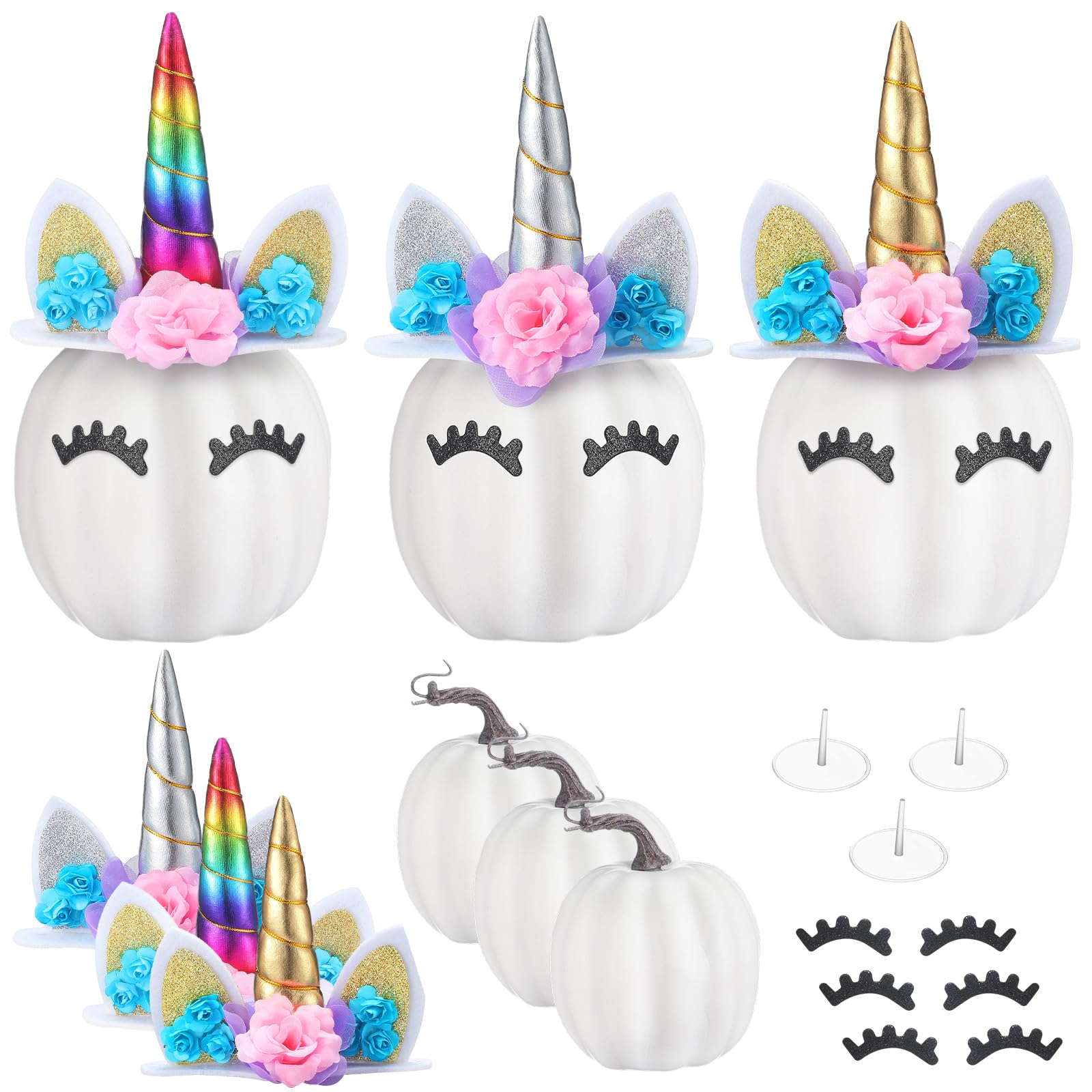 zeyune unicorn pumpkin decorating sets thanksgiving artificial crafts 3 reusable unicorn horns 3 pumpkins with eyelashes for diy baby shower fall decorating(white)