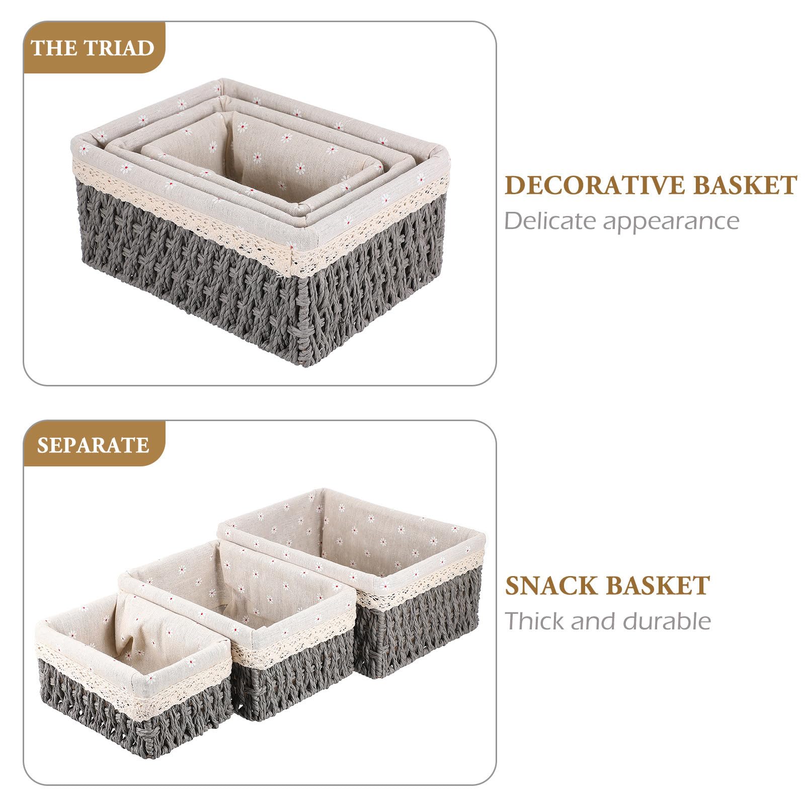 Set 3 Cestini Portaoggetti da Scrivania in Rattan Intrecciato Grigio, Organizer Compatti per Casa e Ufficio, Contenitori Multiuso per Piccoli Oggetti