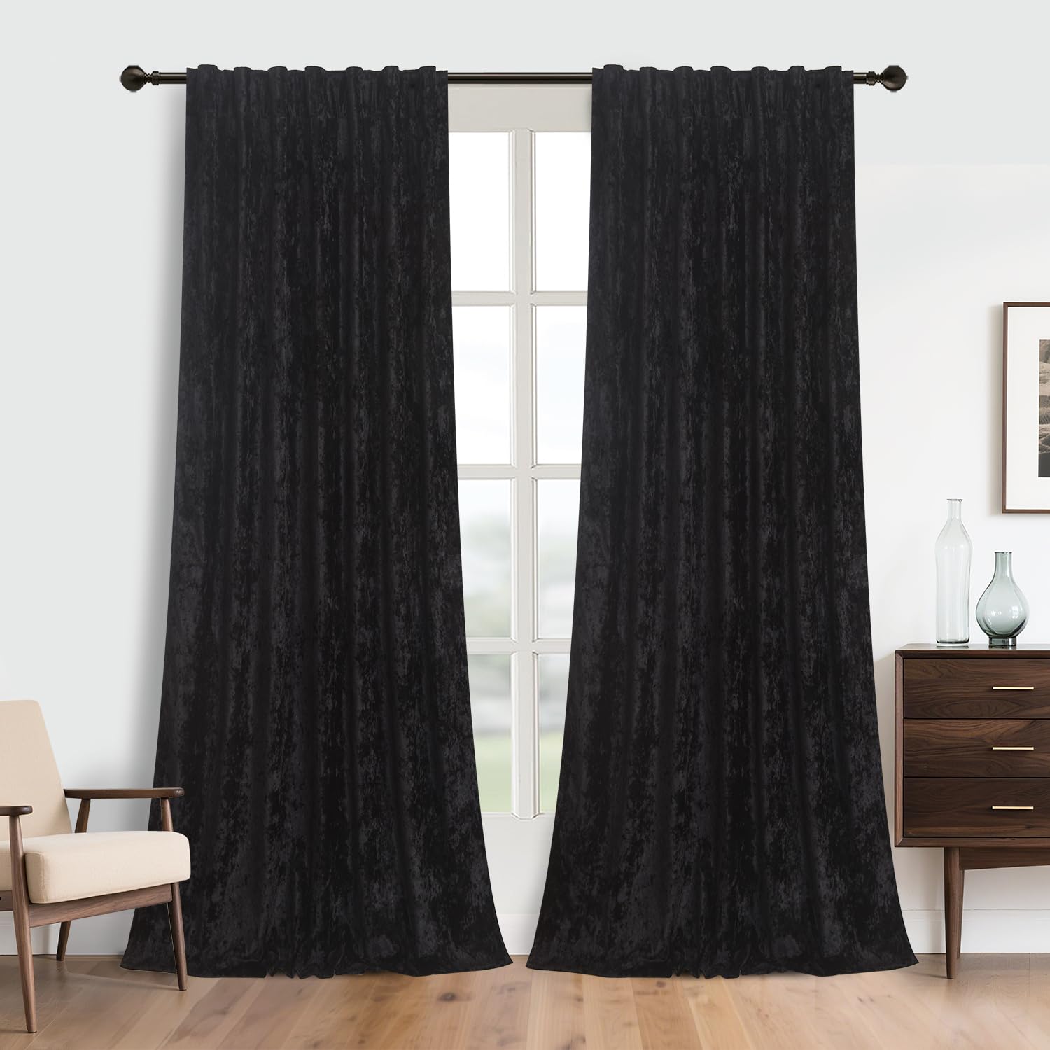 gisewood Black Velvet Curtains 84 inches Long 2 Panels, Blackout Plush Window Curtains Noise Reducing Bedroom Drapes Energy Saving Elegant Home Decoration for Kitchen Living Room, W52 x L84 inches