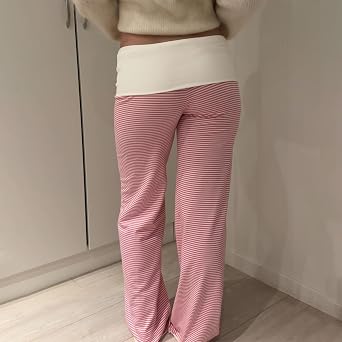 Women Fold Over Yoga Pants Y2k Low Rise Wide Leg Sweatpants Contrast Color Stretchy Loose Gym Lounge Leggings