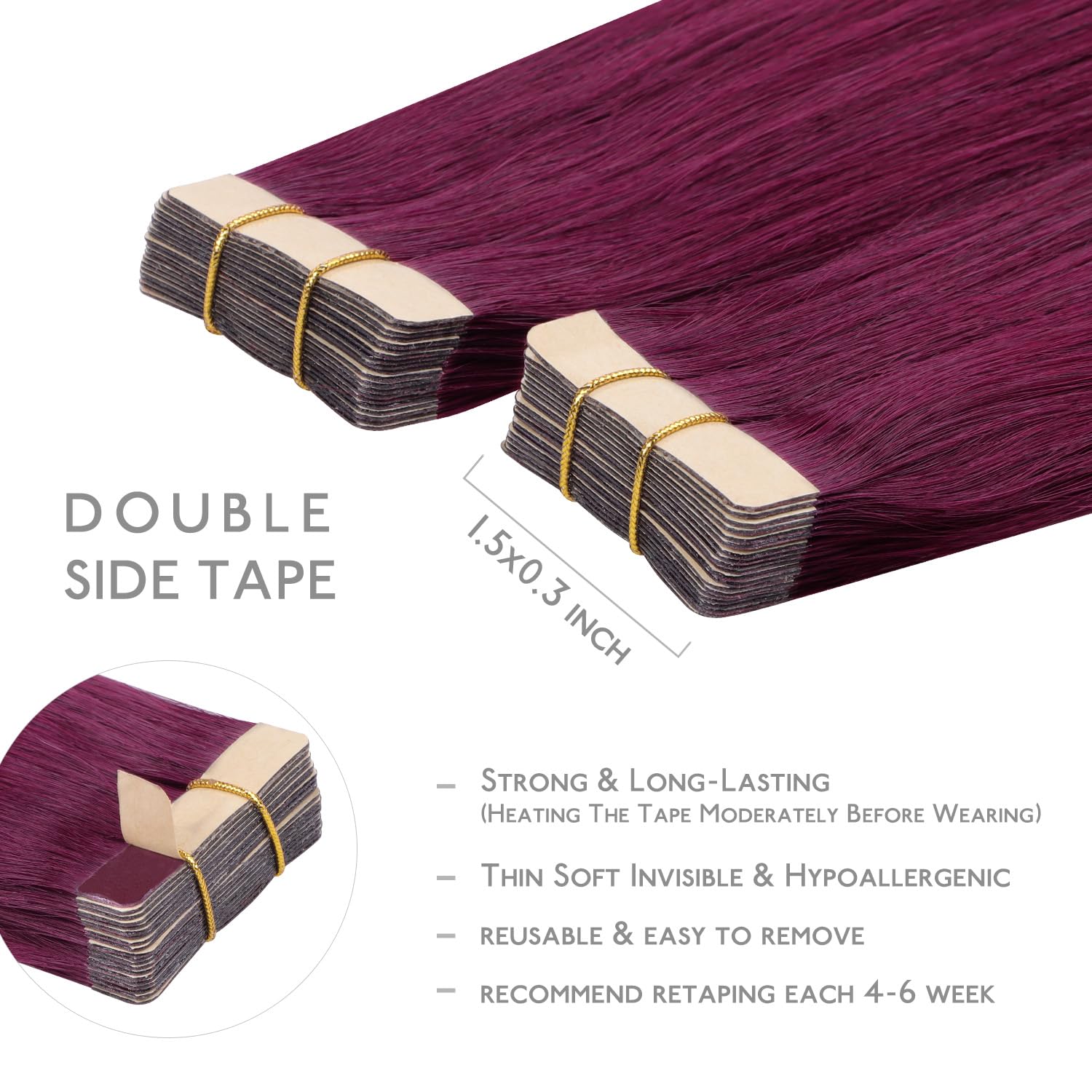 WENNALIFE Tape in Hair Extensions, 20pcs 22 Inch 50g Light Burgundy Real Human Hair, Remy Straight Tape Extensions - Image 3