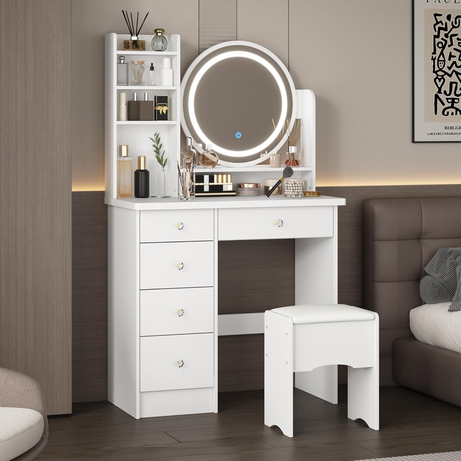 AIEGLE Vanity Desk Set with Lighted Round Mirror, 3 Colors LED Lighted Makeup Vanity Drawer Dressing Table with Open Shelves & Cushioned Stool, Vanity Desk & Stool Set, White - Round Mirror