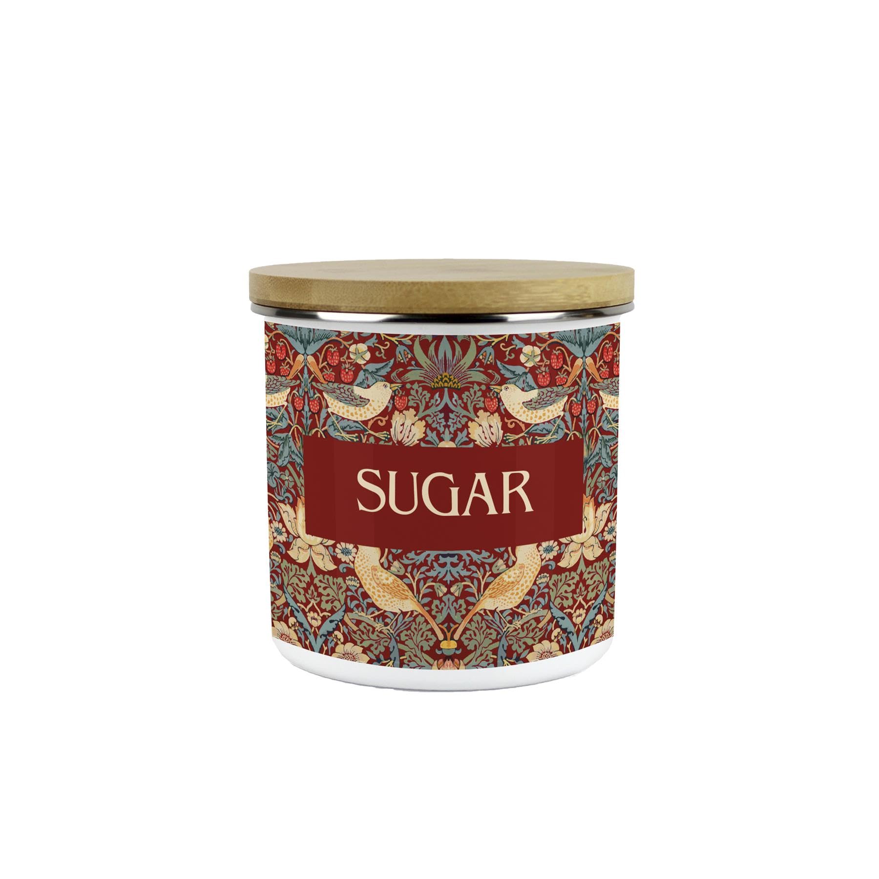 Purely Home Red Strawberry Thief Sugar Storage Canister - Morris Inspired Tapestry Artwork Homeware Gifts - Medium Metal Enamel Kitchen Hot Drinks Storage Container 600ml