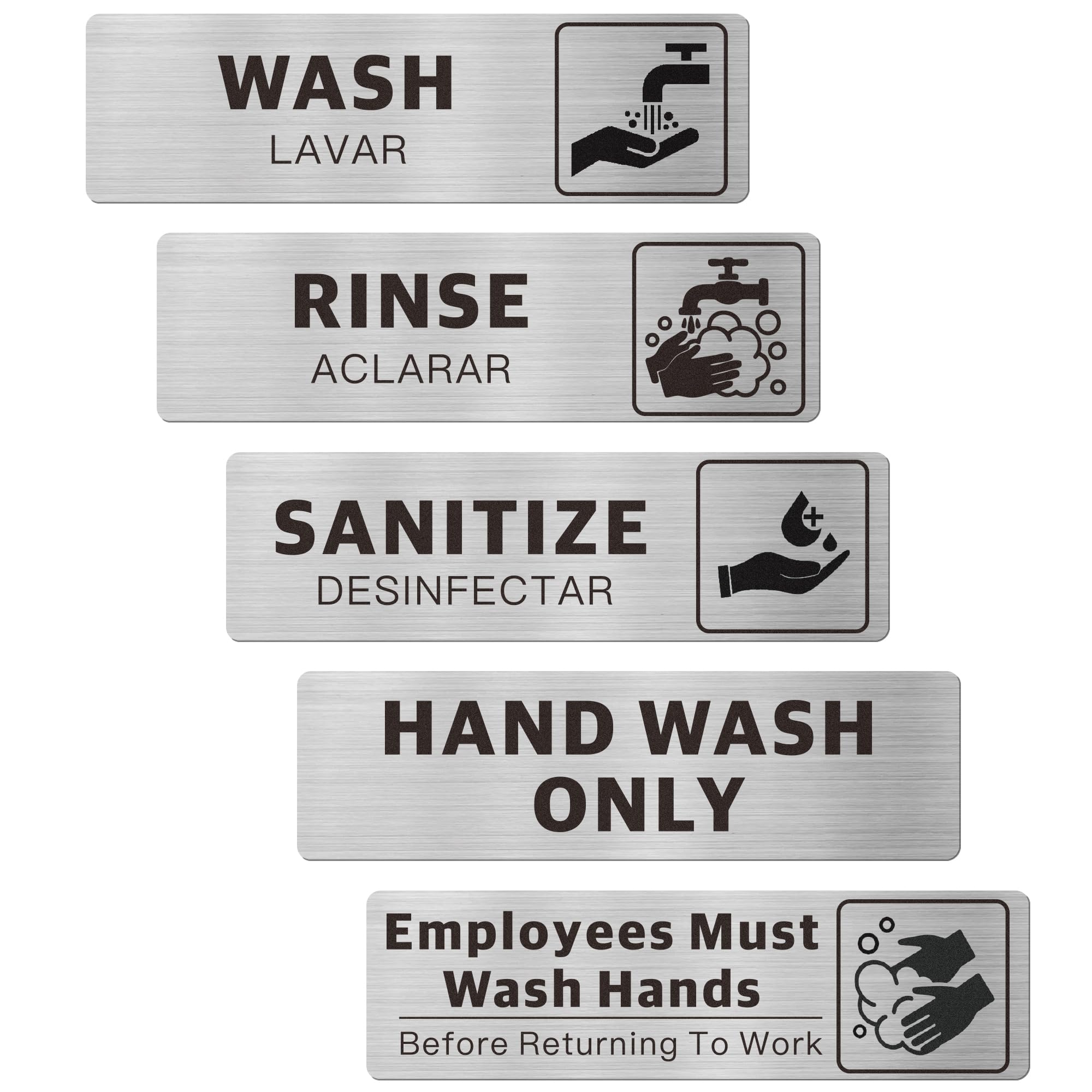 5PK Wash Rinse Sanitize Sink Labels, Hand Wash Only & Employees Must Wash Hands Signs, Bilingual Brushed Aluminum, Waterproof Peel and Stick for