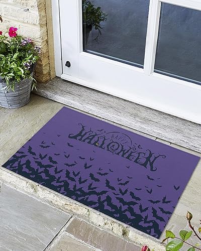 Tapete para puerta delantera, antideslizante, absorbente, para entrada, para interiores y exteriores, tapete pequeño, color morado, para Halloween,