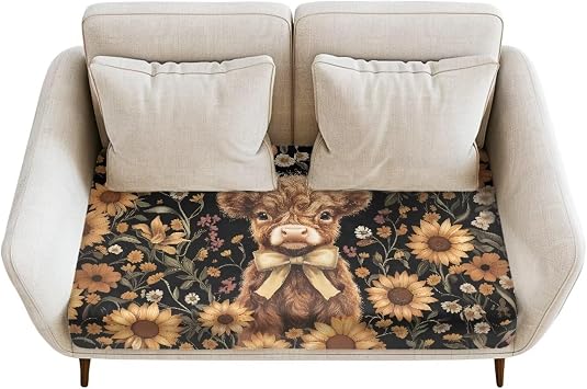 Highland Cow Print Sofa Cushion Cover, Sunflower Print Sofa Slipcovers for 2 Cushion Couch, Decorative Protective Furniture Protector for Sofa