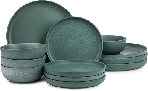Juego de platos y cuencos para 4, juegos de 12 piezas, acabado verde mate, vajilla de cerámica apta para microondas y lavavajillas
