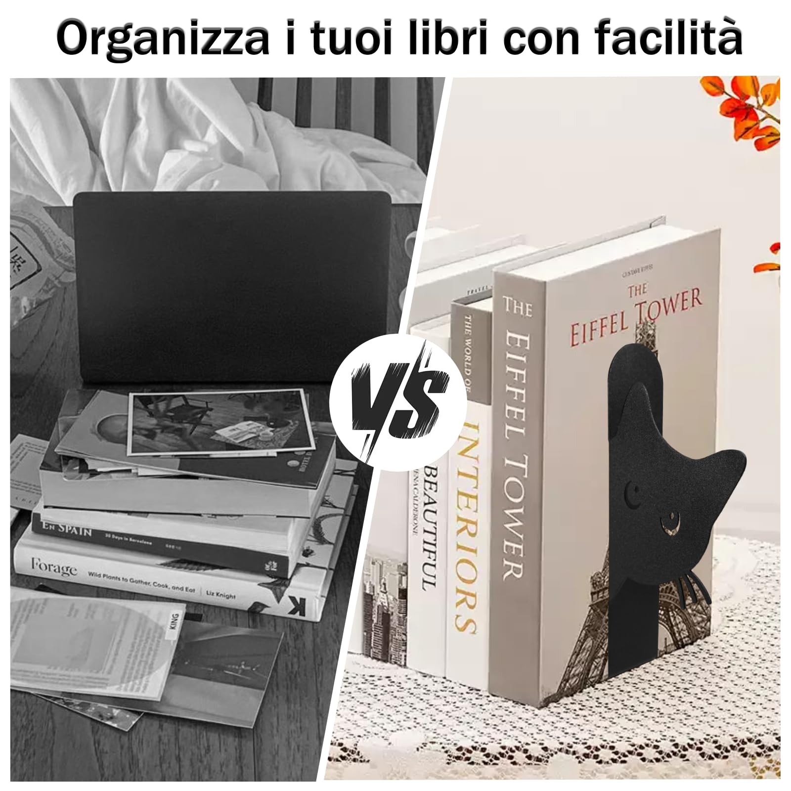 Fermalibri in Metallo a Forma Di Gatto, 2 Pezzi, per Bambini, Scuole, Uffici, Camere Da Letto (Nere)