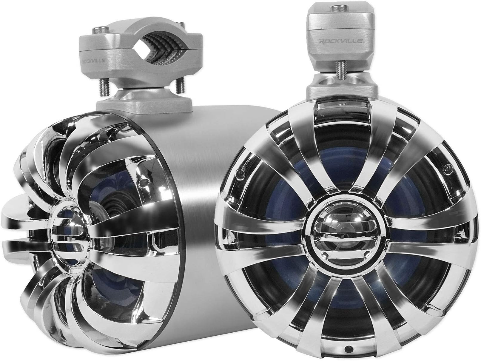 Rockville Pair WB65 6.5" 600W Metal Marine Wakeboard Tower Speakers, 4 Ohm, Waterproof, Swivel Brackets, Stainless Steel for Boats, Jeeps, ATVs
