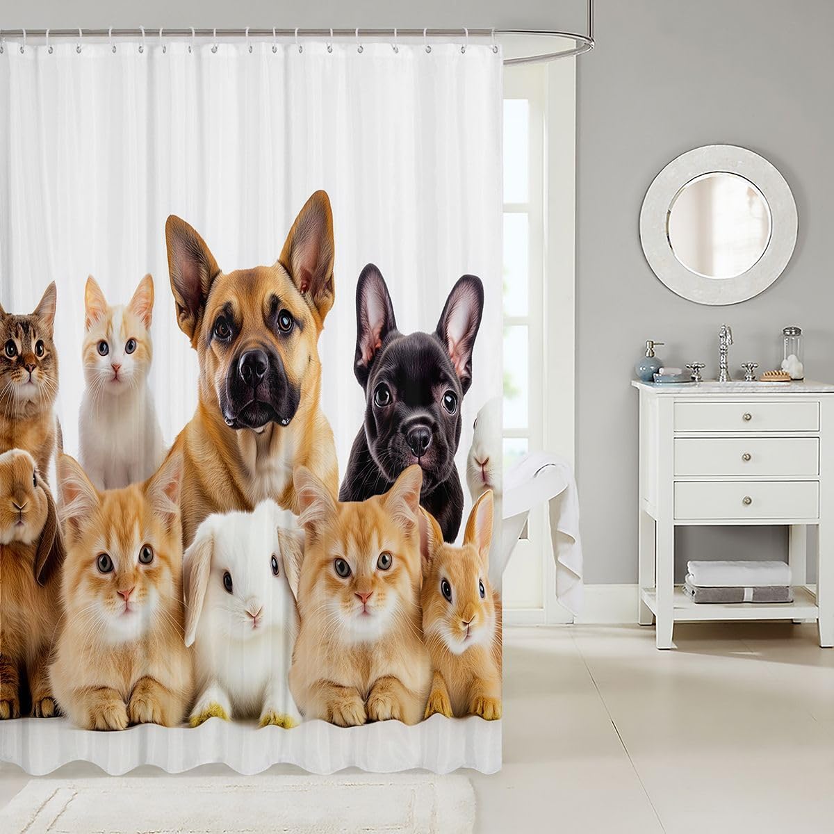 Feelyou Kids Dog Shower Curtain Puppy Cat Kitten Pattern Bathroom Shower Curtain Set for Boys Teens 3D Pet Animal Bath Curtain Cute Stalls Waterproof Curtain Bathtubs Decor 72"x84"