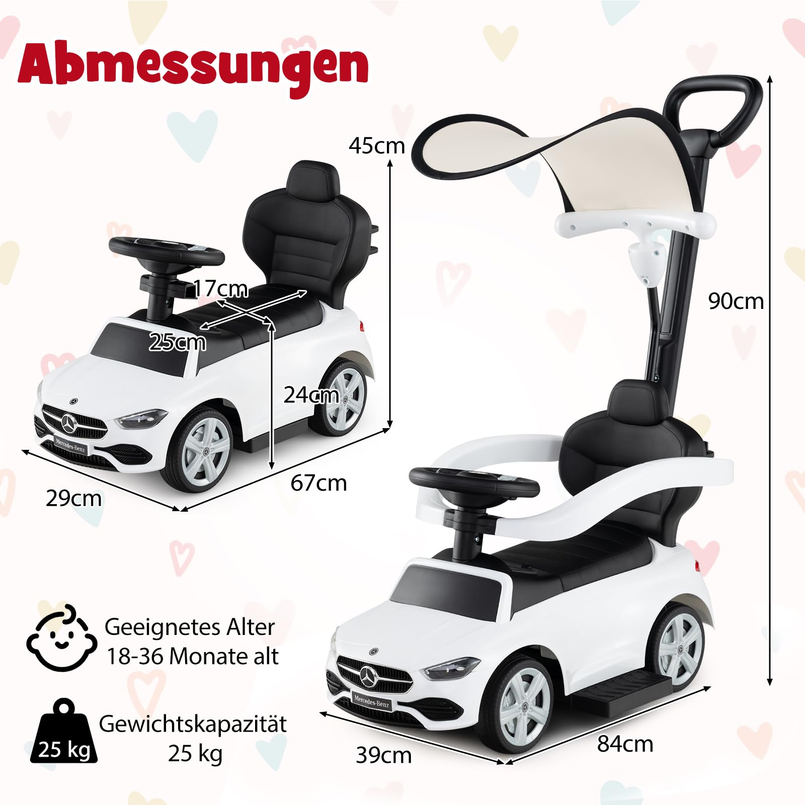 GOPLUS 3 in 1 Schiebeauto, Rutschauto Mercedes-Benz mit verstellbarem Verdeck und Stauraum unter dem Sitz, Rutschfahrzeug mit realistischen Geräuschen für Kinder von 18–36 Monaten (Weiß)