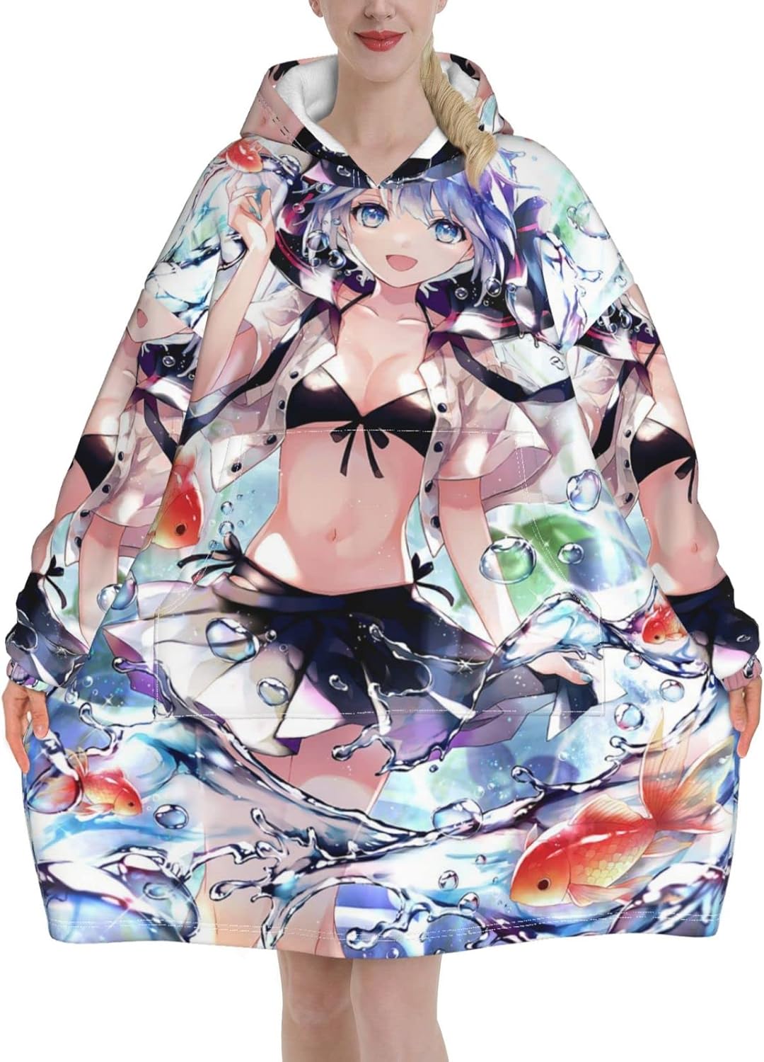 ロングパーカー 袖付き毛布 冬服 可愛い女の子 水族館 金魚柄 長袖 着るブランケット アイテム勢ぞろい お昼寝ブランケット 暖かい ガウン ルームウェア フード付きブランケット トレーナー 防寒 パーカー 男女兼用 オーバーサイズ 着る毛布