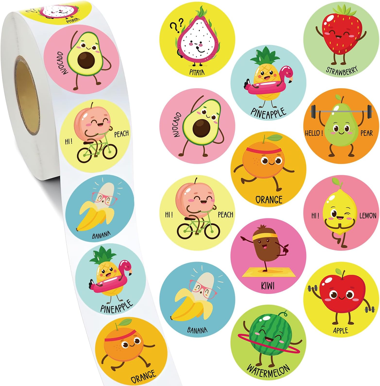 DazoratixFruit Stickers Label Roll - 1000 Pcs Colorful Fruit Smile Face Stickers Lovely Apple Orange Pear Banana Grapes Stickers with 12 Reward Stickers for Kids Teachers Classroom Scrapbook Gift