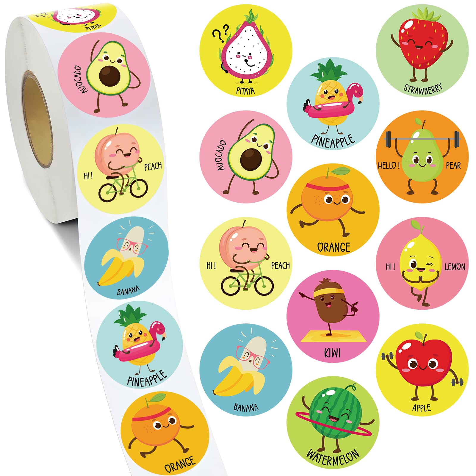 DazoratixFruit Stickers Label Roll - 1000 Pcs Colorful Fruit Smile Face Stickers Lovely Apple Orange Pear Banana Grapes Stickers with 12 Reward Stickers for Kids Teachers Classroom Scrapbook Gift