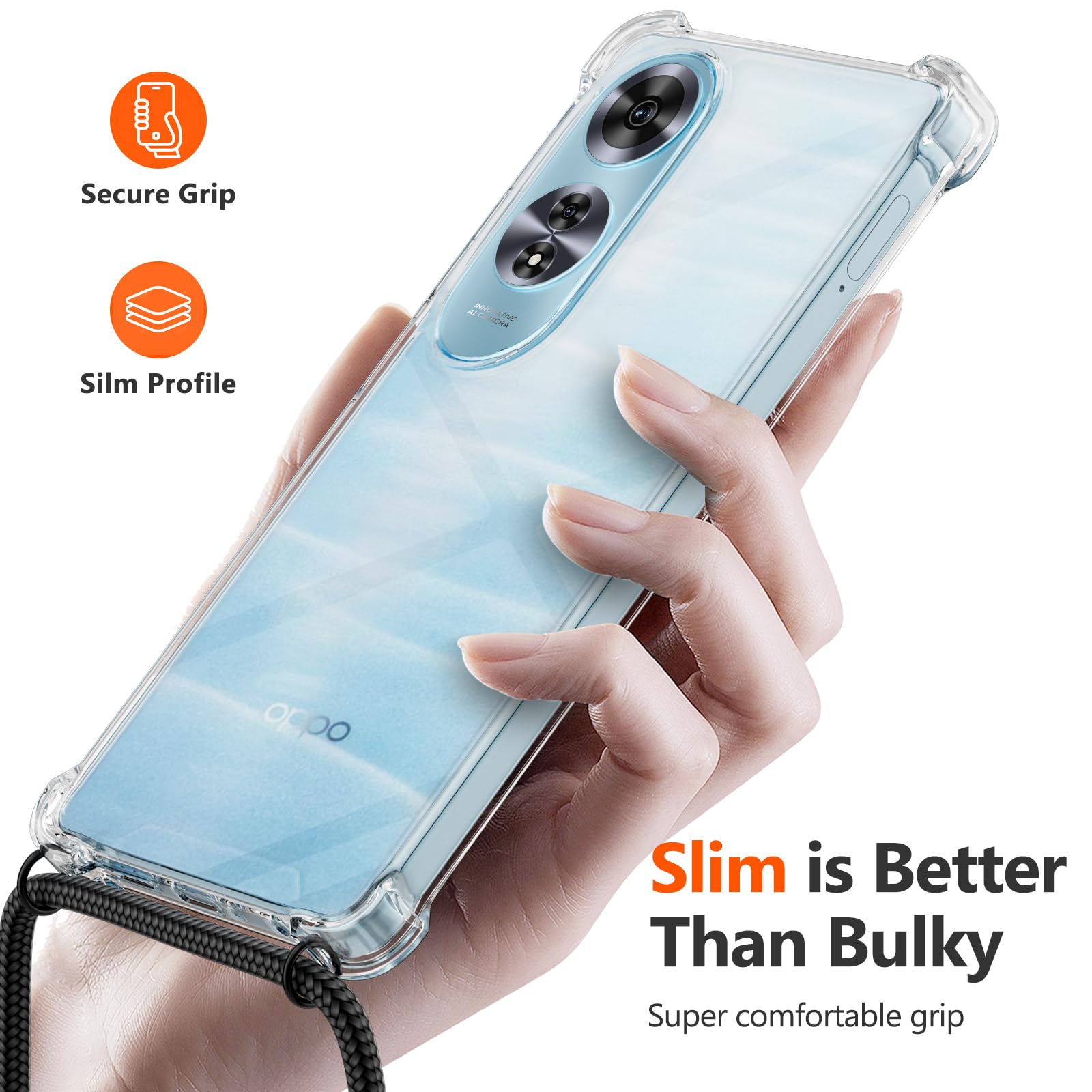 TTSWJBD Coque Pour Oppo A58 4G Avec Verre Trempé Protection écran Cordon De Collier Réglable Chaîne Antichoc Transparente Silicone Lanyard Case, Housse Étui De Protection - Noir