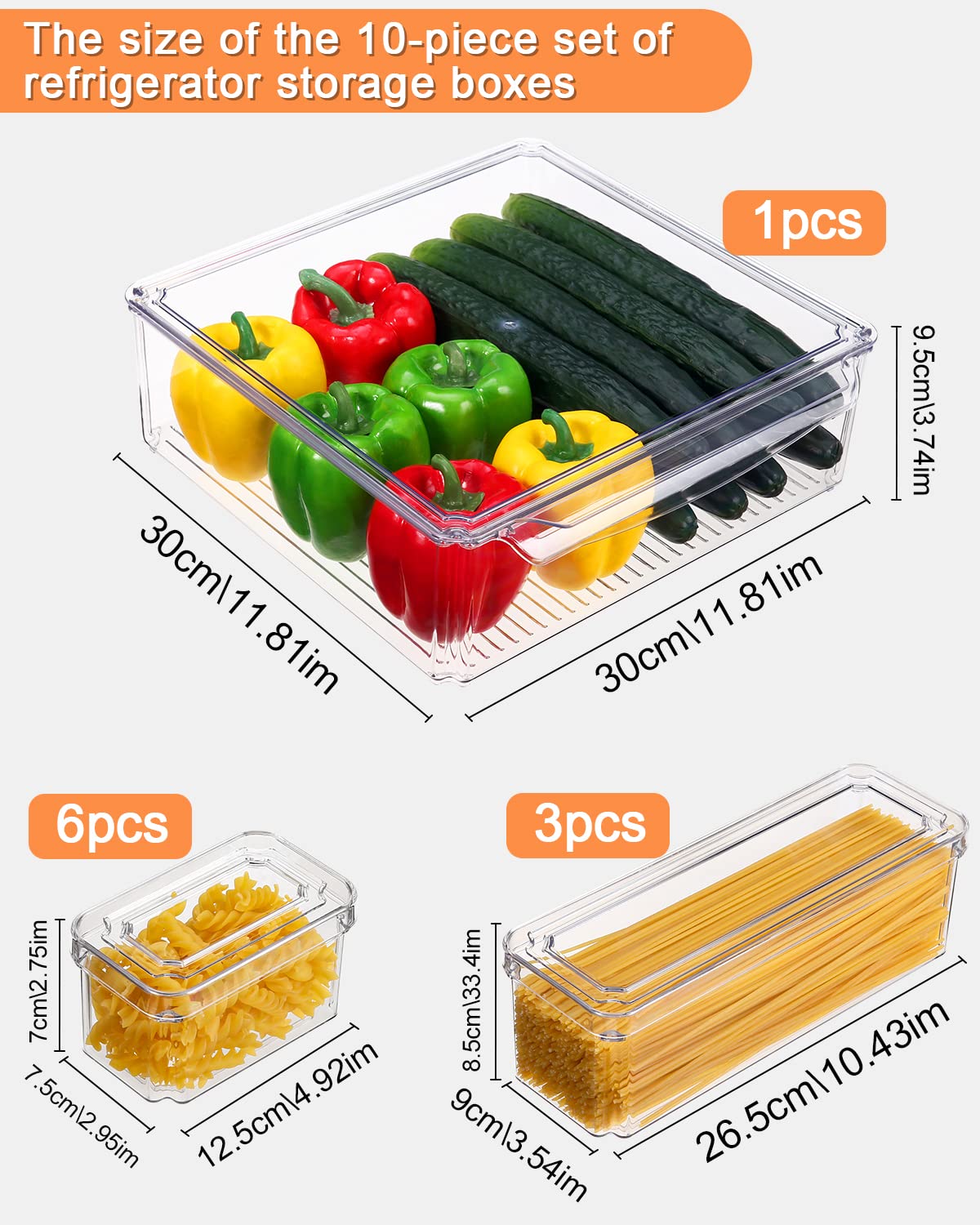 Set di 10 contenitori trasparenti per frigorifero, impilabili per cucina, in plastica con maniglia, salvaspazio, adatti per frigorifero, cucina, camera da letto, soggiorno, senza BPA