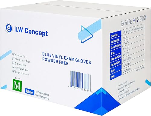 Miniatura 2 de LW Concept Guantes de examen de vinilo azul para uso médicoseguro para alimentoslimpiezamanipulación, multiusos, sin látex y polvo, 4.5 mil (LW4002,