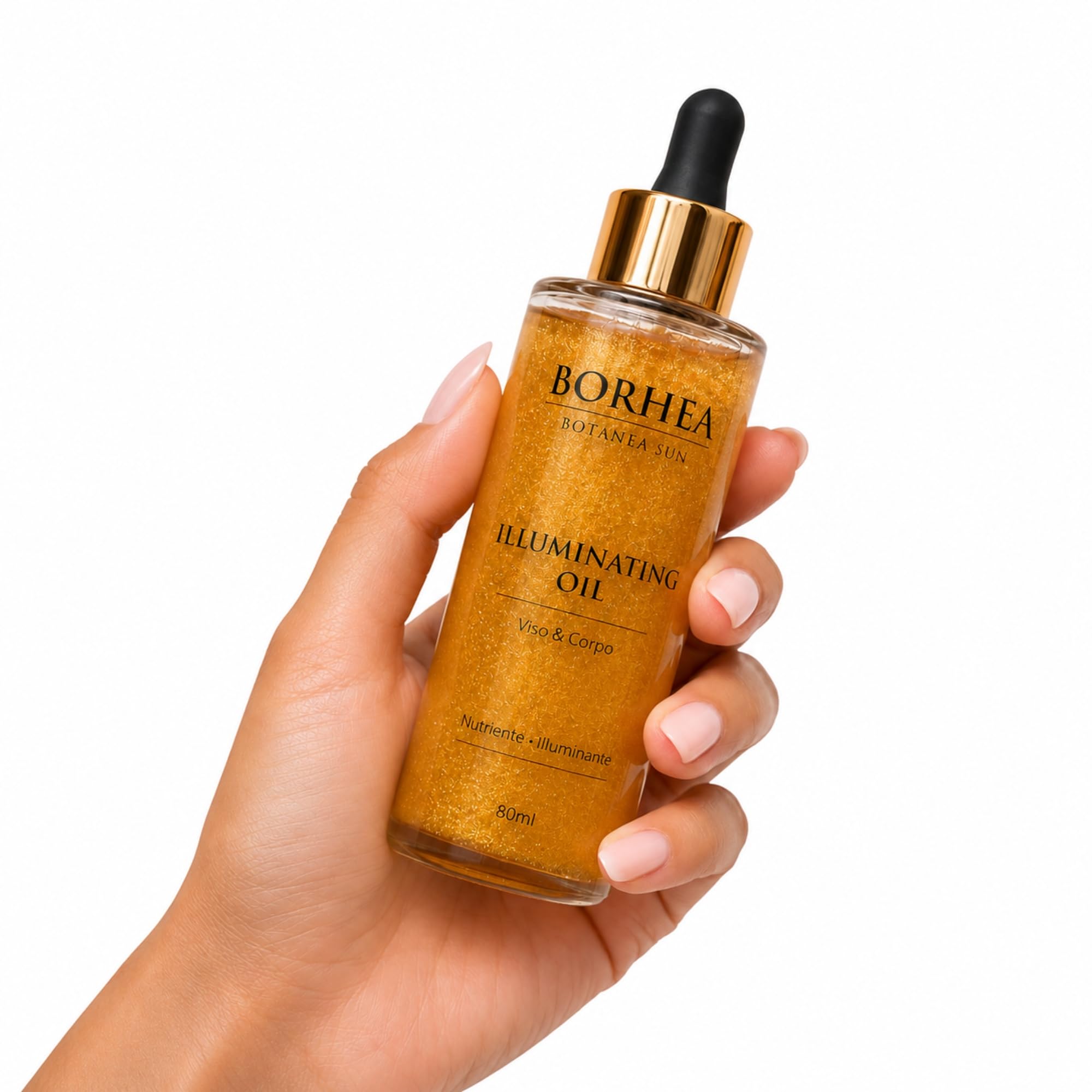 BotanÉa Sun – Aufhellendes Öl für Gesicht und Körper, 80 ml, Glitteriertes Körperöl mit goldenem Glow-Effekt – verstärkt die Bräunung mit Vitamin E und Karottenextrakt, trockener Shimmer, Duft