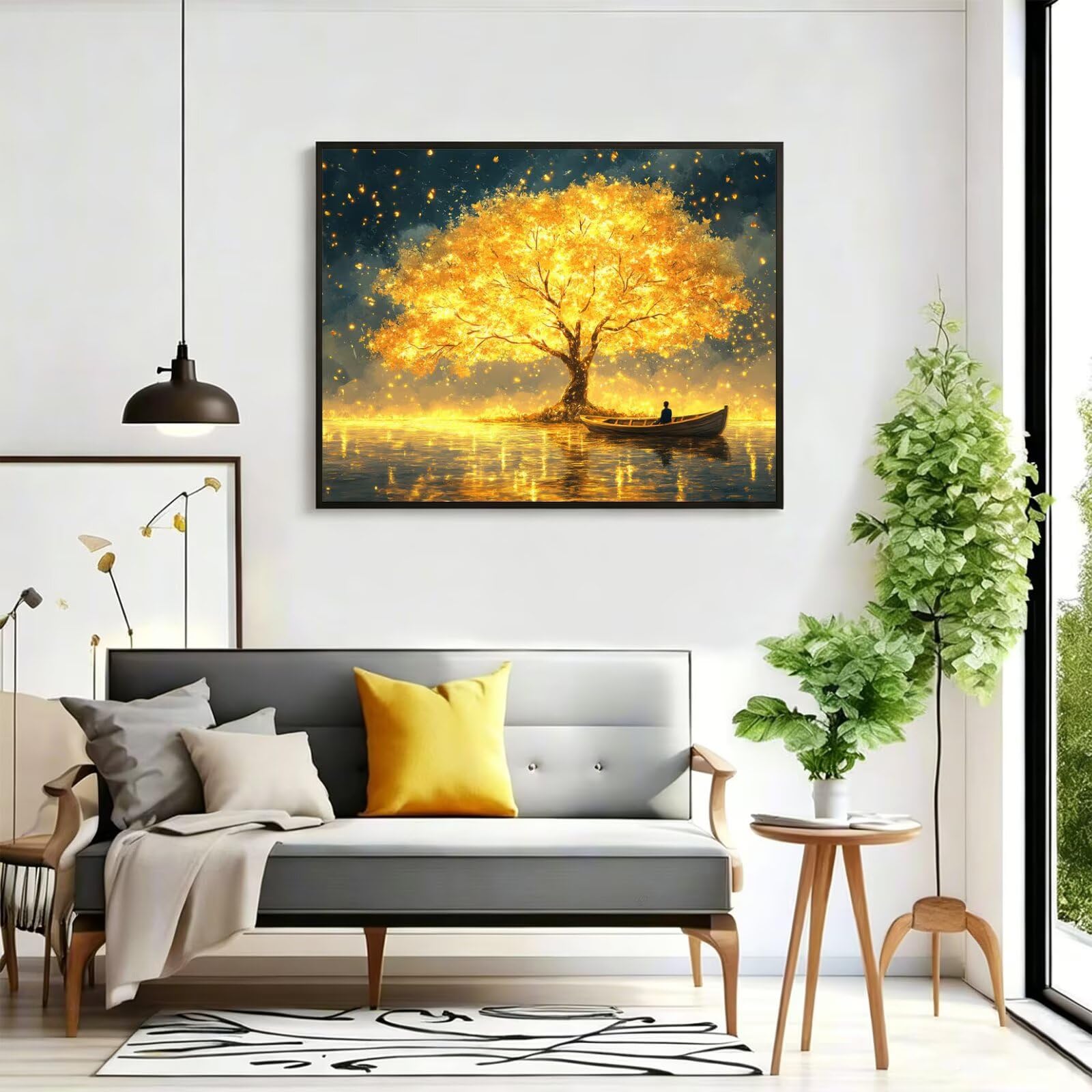 Q-827 malowanie według liczb, drzewo dla dorosłych, "zrób to sam", mała łódka, ręcznie malowany obraz olejny, płótno do malowania, 80 x 100 cm, bez ramy, zestaw do malowania według numerów, dekoracja